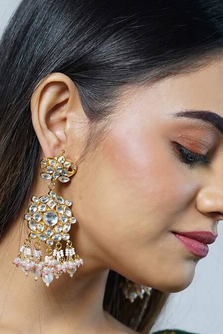 Buy_Namasya_Gold Plated Pearls, Diamonds Carved Dangler Earrings _Online_at_Aza_Fashions