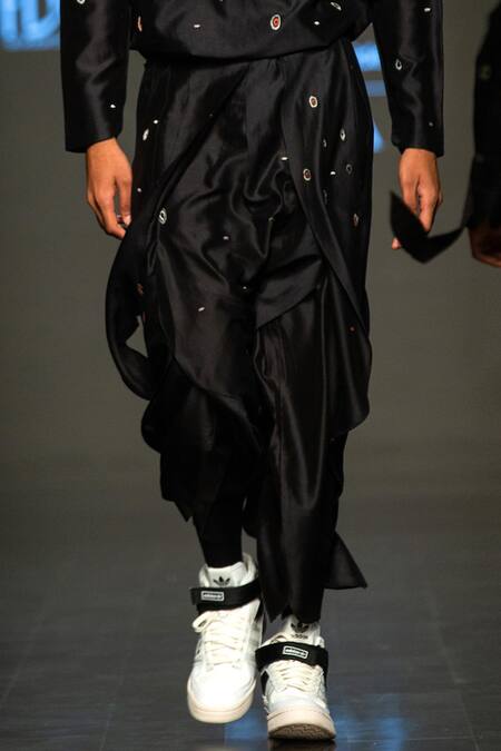 Antar Agni_Black Cotton Silk Embroidery Thread Cluster Eyes Dhoti Trouser _Online_at_Aza_Fashions