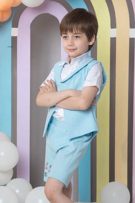 Hoity Moppet_Blue Cotton, Polyester Embroidery Fiesta Carnival Waistcoat And Shorts Set _Online_at_Aza_Fashions