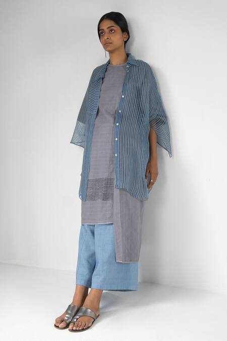 Urvashi Kaur_Blue Linen Collared Sheer Striped Full Sleeve Shirt _Online_at_Aza_Fashions