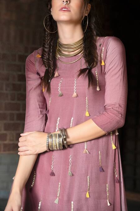 Enech_Purple Silk Modal Round Embellished Kurta With Palazzo _at_Aza_Fashions