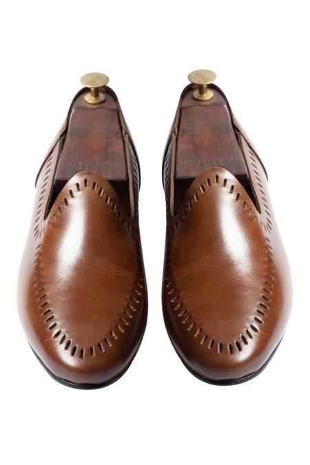 Shop Artimen Brown Plain Handcrafted Cutwork Loafers at Aza Fashions Shop_Artimen_Brown Plain Handcrafted Cutwork Loafers _at_Aza_Fashions