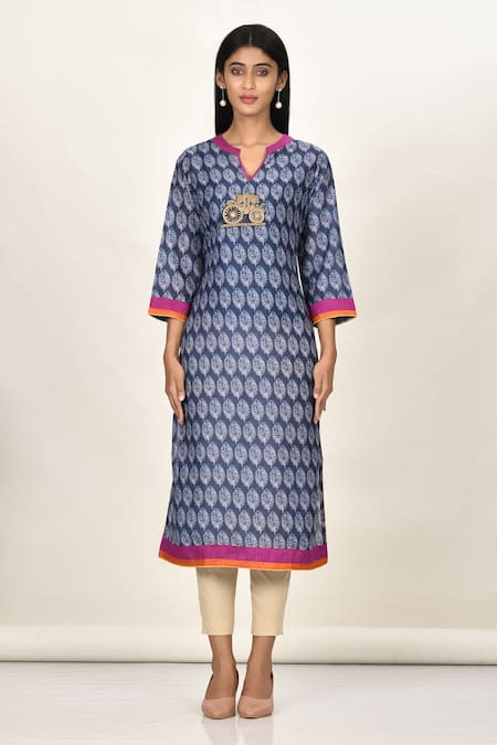 Khwaab By Sanjana Lakhani_Blue Cotton, Silk Embroidery Split V-neck Digital Printed Leaf Motif Kurta _Online_at_Aza_Fashions