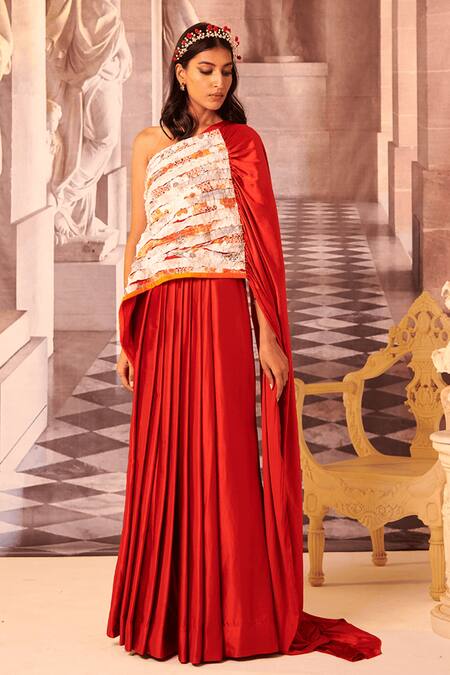 Buy Gauri Dhawan Red Cotton, Handloom Pre-draped Saree And Structured Stripe Pattern Blouse Set Online at Aza Fashions Buy_Gauri Dhawan_Red Cotton, Handloom Pre-draped Saree And Structured Stripe Pattern Blouse Set_Online_at_Aza_Fashions