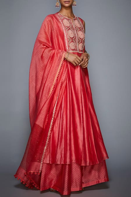 RI.Ritu Kumar Coral Silk Chanderi Round Kurta Palazzo Set 