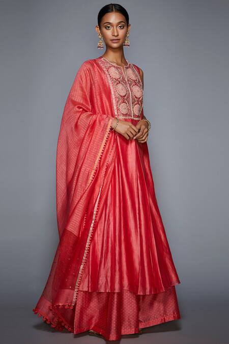 Buy_RI.Ritu Kumar_Coral Silk Chanderi Round Kurta Palazzo Set_Online_at_Aza_Fashions