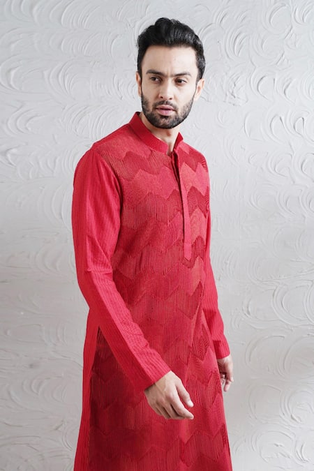 Shop_Soniya G_Red Silk Pintuck Kurta Set _Online_at_Aza_Fashions