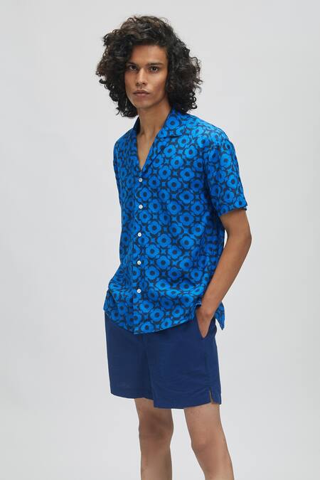Terra Luna Blue 100% Organic Handloom Cotton Moon Bloom Palawan Shirt Online at Aza Fashions Terra Luna_Blue 100% Organic Handloom Cotton Moon Bloom Palawan Shirt _Online_at_Aza_Fashions
