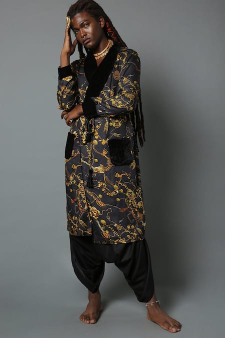 House Of Three_Black 100% Viscose Satin Jewel Vira Print Robe _Online_at_Aza_Fashions