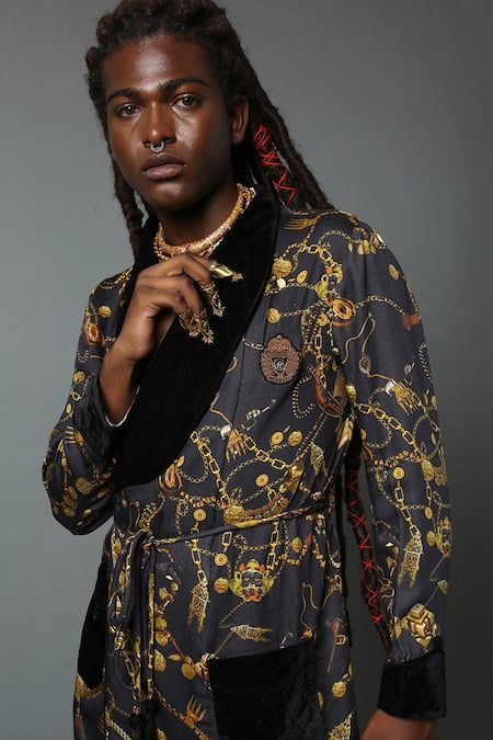 House Of Three_Black 100% Viscose Satin Jewel Vira Print Robe _at_Aza_Fashions