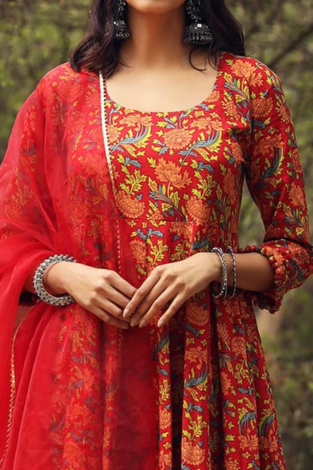 Gulabo Jaipur Red Kurta Cotton Pant Chikan Cotton Dupatta Floral Block Print Anarkali Set at Aza Fashions Gulabo Jaipur_Red Kurta Cotton Pant Chikan Cotton Dupatta Floral Block Print Anarkali Set _at_Aza_Fashions