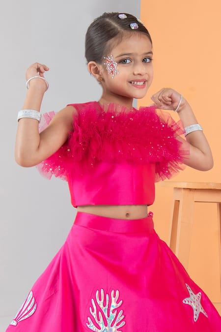 Hoity Moppet_Fuchsia Silk, Satin Embroidery Sea Breeze Motif Applique Lehenga And Blouse Set _Online_at_Aza_Fashions