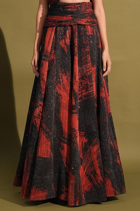 Nikita Mhaisalkar_Red Georgette Sequins, Stones Plunge Stroke Print Lehenga Saree And Blouse Set _Online_at_Aza_Fashions