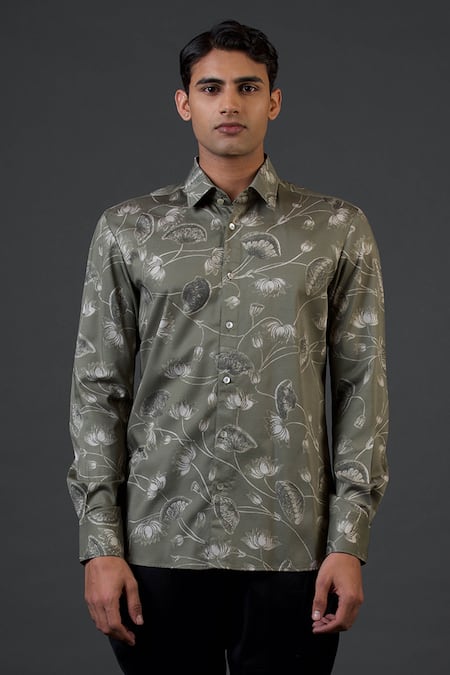 Balance By Rohit Bal Grey Poplin, Satin Embroidery Lotus Print Fitted Shirt Online at Aza Fashions Balance By Rohit Bal_Grey Poplin, Satin Embroidery Lotus Print Fitted Shirt _Online_at_Aza_Fashions