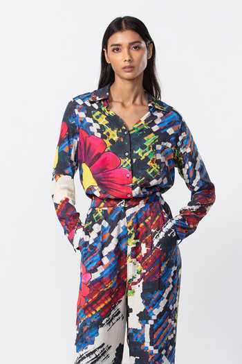 Saaksha & Kinni_Multi Color Satin Collared Floral Abstract Print Shirt _Online_at_Aza_Fashions
