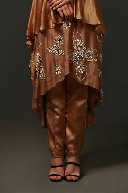 Nidzign Couture_Brown Embellished Square Layered Asymmetric Kurta And Pant Set _Online_at_Aza_Fashions