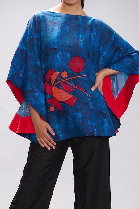 Taika By Poonam Bhagat Blue Silk Embroidery Round Neck Printed And Poncho Online at Aza Fashions Taika By Poonam Bhagat_Blue Silk Embroidery Round Neck Printed And Poncho _Online_at_Aza_Fashions