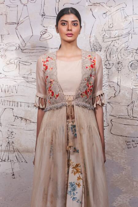 Ekru_Beige Chanderi, Organza Sequins, Rococo Jacket And Gregory Pleated Pant Set_Online_at_Aza_Fashions