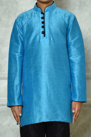 Petite Pomme Blue Silk Mandarin Collar Straight Kurta Online at Aza Fashions Petite Pomme_Blue Silk Mandarin Collar Straight Kurta _Online_at_Aza_Fashions