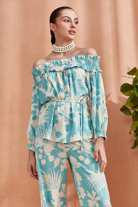 Buy Label Deepika Nagpal Blue Silk Satin Embroidery Off-shoulder Florence Off Frill Top Online at Aza Fashions Buy_Label Deepika Nagpal_Blue Silk Satin Embroidery Off-shoulder Florence Off Frill Top_Online_at_Aza_Fashions