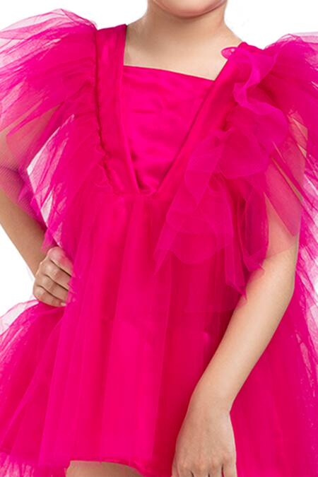 Byb Premium_Fuchsia Polyester Ruffles Asymmetric Hem Dress _Online_at_Aza_Fashions
