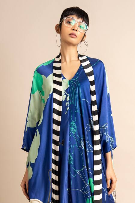 Nupur Kanoi_Blue Satin V-neck Flower Print Kaftan_Online_at_Aza_Fashions