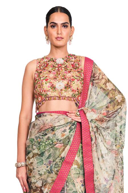 Shop Rocky Star Multi Color Organza Floral Round Print Saree With Blouse Online at Aza Fashions Shop_Rocky Star_Multi Color Organza Floral Round Print Saree With Blouse_Online_at_Aza_Fashions