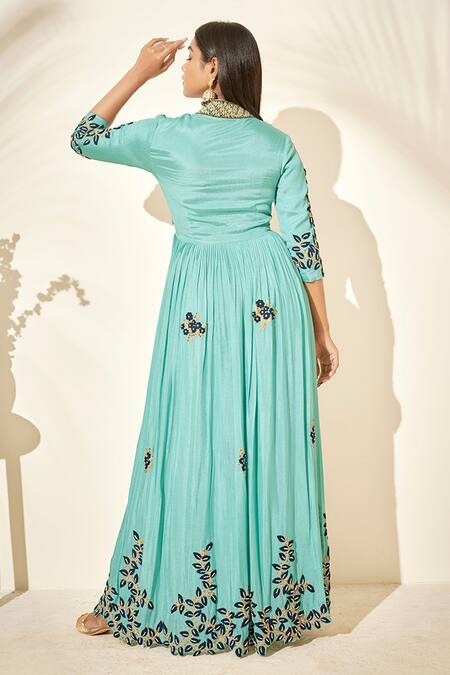 Shop Suruchi Parakh Green Georgette Crepe Lining Shantoon Thread And Sequin V Neck Angrakha Kurta at Aza Fashions Shop_Suruchi Parakh_Green Georgette Crepe Lining Shantoon Thread And Sequin V Neck Angrakha Kurta_at_Aza_Fashions