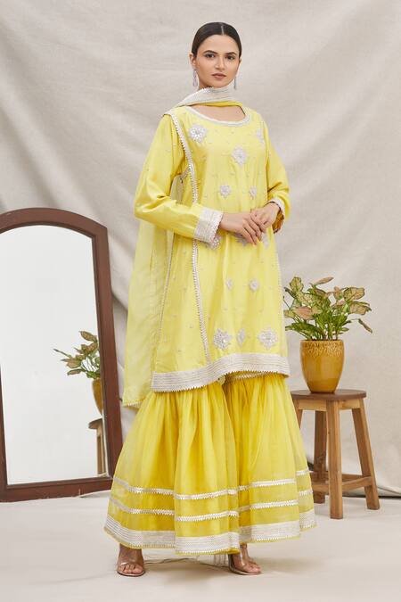 Ekta Singh_Yellow Silk, Organza Round Kurta Sharara Set _Online_at_Aza_Fashions