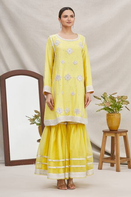 Buy_Ekta Singh_Yellow Silk, Organza Round Kurta Sharara Set _Online_at_Aza_Fashions