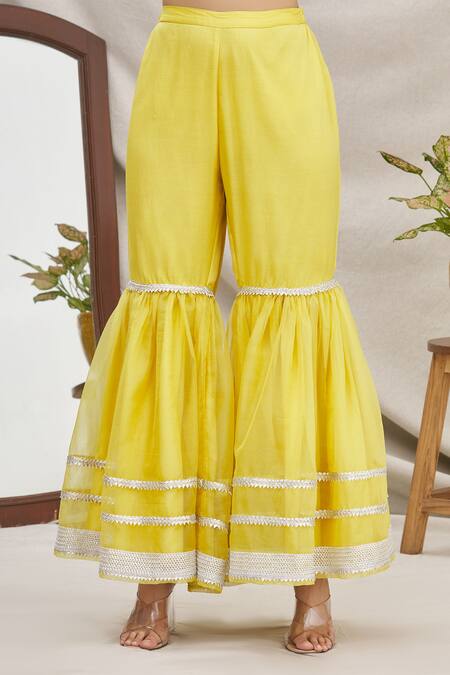 Shop_Ekta Singh_Yellow Silk, Organza Round Kurta Sharara Set _Online_at_Aza_Fashions