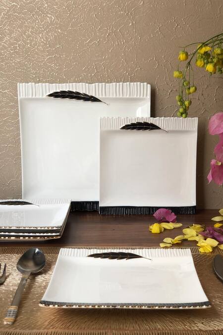 Vigneto_White Finest Premium Porcelain Square Shaped Serving Of 7_Online_at_Aza_Fashions