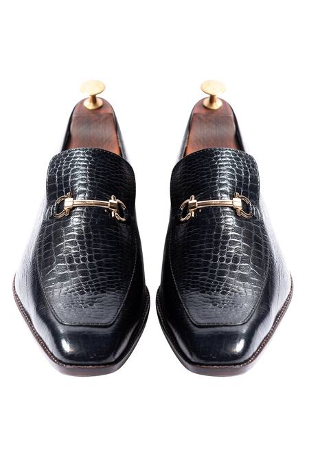 Shop Artimen Black Textured Handcrafted Horsebit Loafers at Aza Fashions Shop_Artimen_Black Textured Handcrafted Horsebit Loafers _at_Aza_Fashions