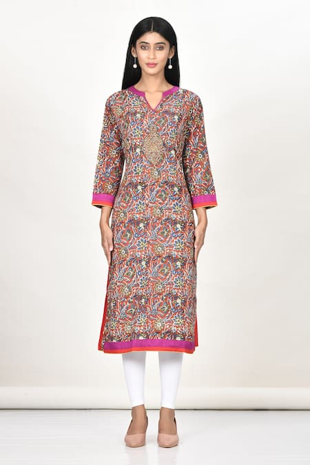 Khwaab By Sanjana Lakhani_Multi Color Cotton Embroidery Split V-neck Floral Motif Kurta _Online_at_Aza_Fashions
