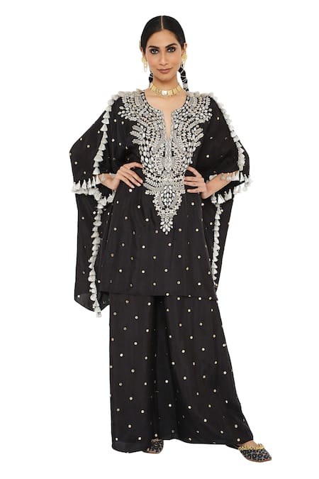 Buy_Payal Singhal_Black Abutai Silk Embroidered Mukaish Notched Aarasi Kaftan And Palazzo Set _Online_at_Aza_Fashions