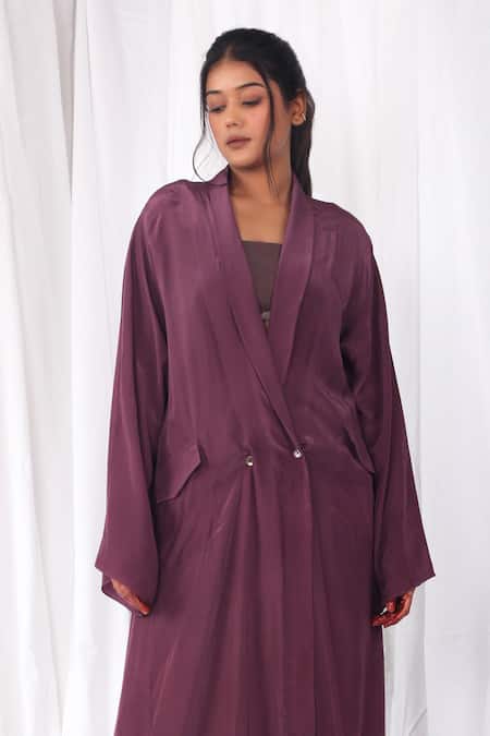 Khat_Purple Crepe Shawl Neck Frill Hem Long Jacket _Online_at_Aza_Fashions