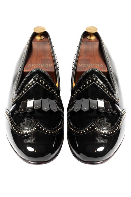 Shop Artimen Black Embroidered Handcrafted Kiltie Loafers at Aza Fashions Shop_Artimen_Black Embroidered Handcrafted Kiltie Loafers _at_Aza_Fashions