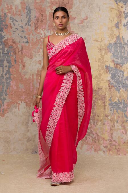 Devnaagri_Pink Silk Organza, Gajji V Neck Saree With Blouse _Online_at_Aza_Fashions
