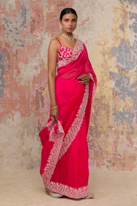 Buy_Devnaagri_Pink Silk Organza, Gajji V Neck Saree With Blouse _Online_at_Aza_Fashions