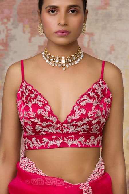 Shop_Devnaagri_Pink Silk Organza, Gajji V Neck Saree With Blouse _Online_at_Aza_Fashions