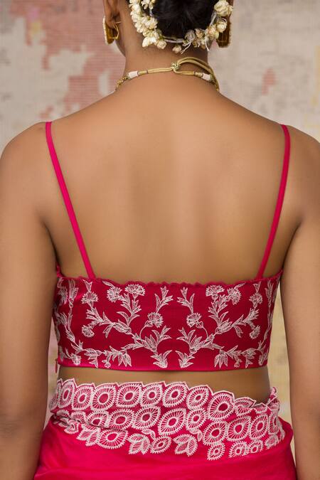 Devnaagri_Pink Silk Organza, Gajji V Neck Saree With Blouse _at_Aza_Fashions