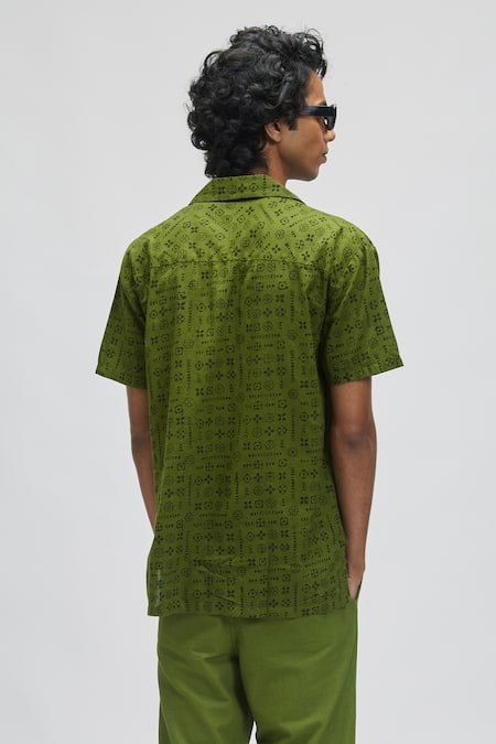 Shop Terra Luna Green 100% Organic Handloom Cotton Moon Bloom Palawan Shirt at Aza Fashions Shop_Terra Luna_Green 100% Organic Handloom Cotton Moon Bloom Palawan Shirt _at_Aza_Fashions