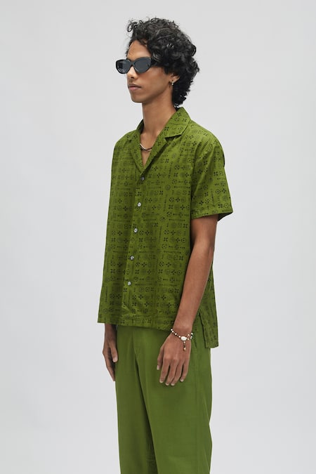 Terra Luna Green 100% Organic Handloom Cotton Moon Bloom Palawan Shirt Online at Aza Fashions Terra Luna_Green 100% Organic Handloom Cotton Moon Bloom Palawan Shirt _Online_at_Aza_Fashions