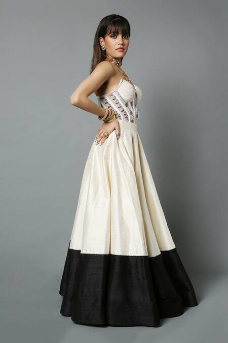 House Of Three_White Dupion Silk Colour Block, Glass Bead Work Kalidar Lehenga _Online_at_Aza_Fashions
