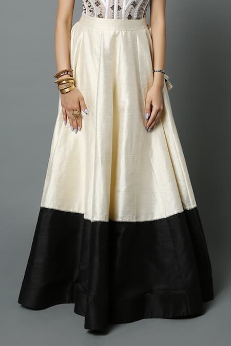 Shop_House Of Three_White Dupion Silk Colour Block, Glass Bead Work Kalidar Lehenga _Online_at_Aza_Fashions