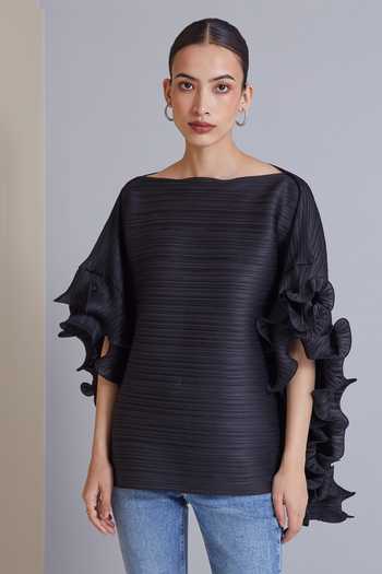 Scarlet Sage_Black 100% Polyester Straight Faye Pleated Ruffle Sleeve Top_Online_at_Aza_Fashions