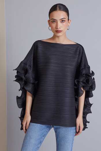 Buy_Scarlet Sage_Black 100% Polyester Straight Faye Pleated Ruffle Sleeve Top_Online_at_Aza_Fashions