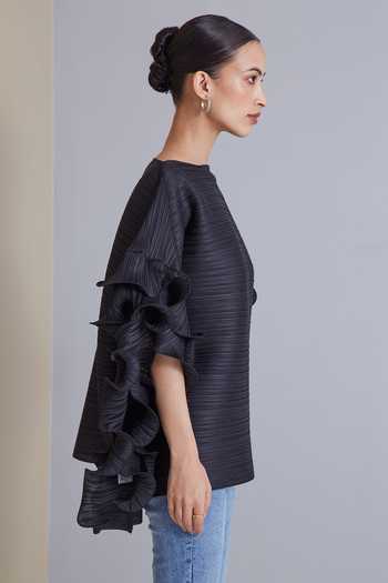 Shop_Scarlet Sage_Black 100% Polyester Straight Faye Pleated Ruffle Sleeve Top_Online_at_Aza_Fashions