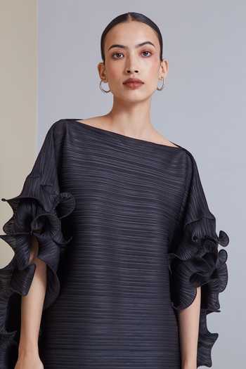 Scarlet Sage_Black 100% Polyester Straight Faye Pleated Ruffle Sleeve Top_at_Aza_Fashions