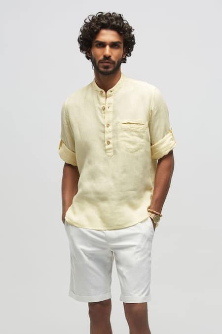 Shop Terra Luna Yellow 100% Linen Plain T-shirt at Aza Fashions Shop_Terra Luna_Yellow 100% Linen Plain T-shirt_at_Aza_Fashions